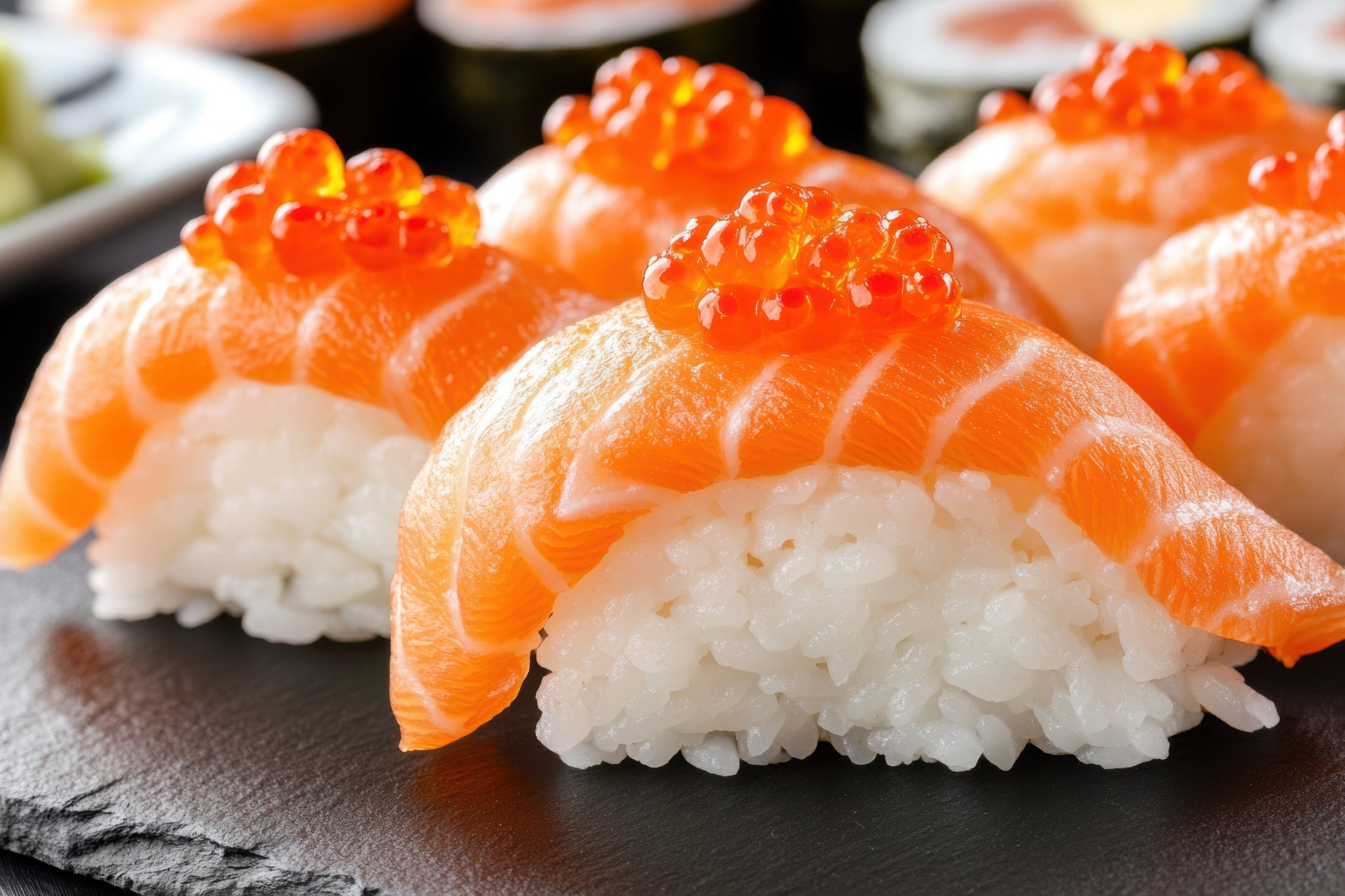 Fresh Salmon Sushi with salmon Roe Topping